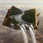 libro in volo, fiume nelle pagine aperte, cascata che cade nella realtà