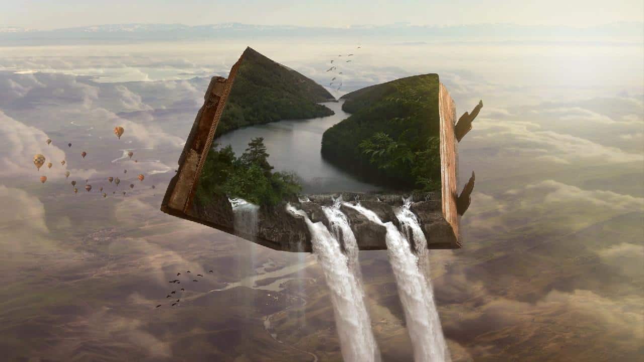 libro in volo, fiume nelle pagine aperte, cascata che cade nella realtà