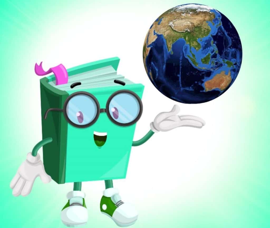 disegno - libro on gli occhiali che sorride e indica un mappamondo con la mano