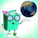 disegno - libro on gli occhiali che sorride e indica un mappamondo con la mano