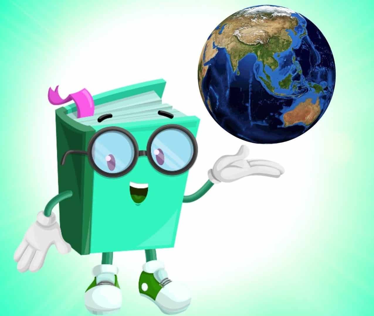 disegno - libro on gli occhiali che sorride e indica un mappamondo con la mano