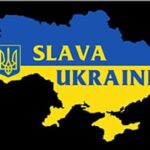 sagoma dell'Ucraina con i colori della bandiera e la scritta "Slava Ukraini"