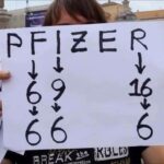 complottista che mostra un cartello con correlazioni numerologiche con il nome "Pfizer"